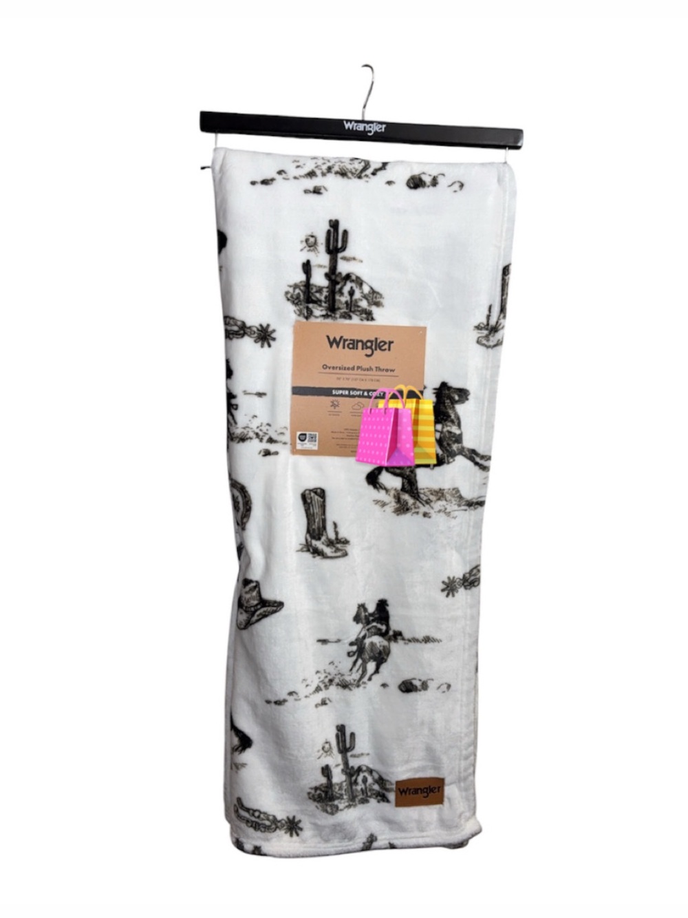 Wrangler White Plush Throw with Black Western Motif